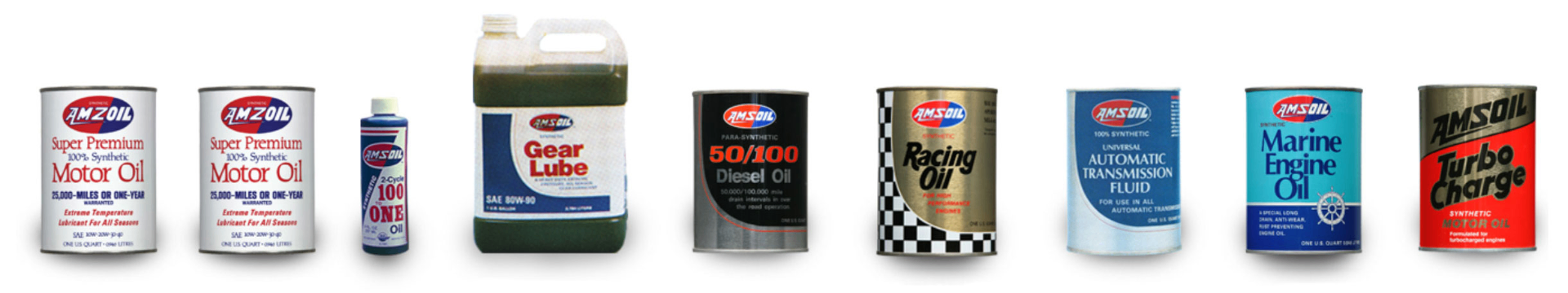 Original AMSOIL industry-first synthetic lubricants — Super Premium Motor Oil, 100:1 2-Cycle Oil, Synthetic Gear Lube, 50/100 Diesel Oil, Racing Oil, Automatic Transmission Fluid, Marine Engine Oil, and Turbo Charge Synthetic Motor Oil