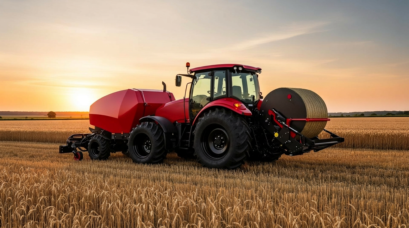 Large tractor baling hay in a golden field at sunset