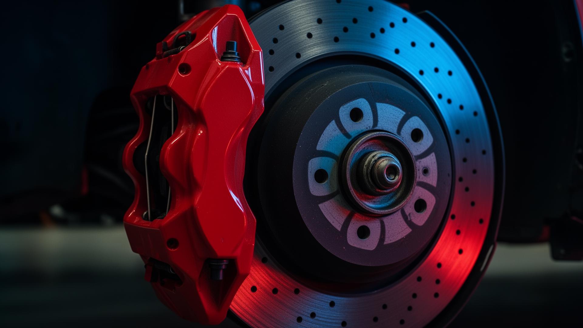 Large red racing brake caliper clamped on a slotted, drilled performance brake rotor