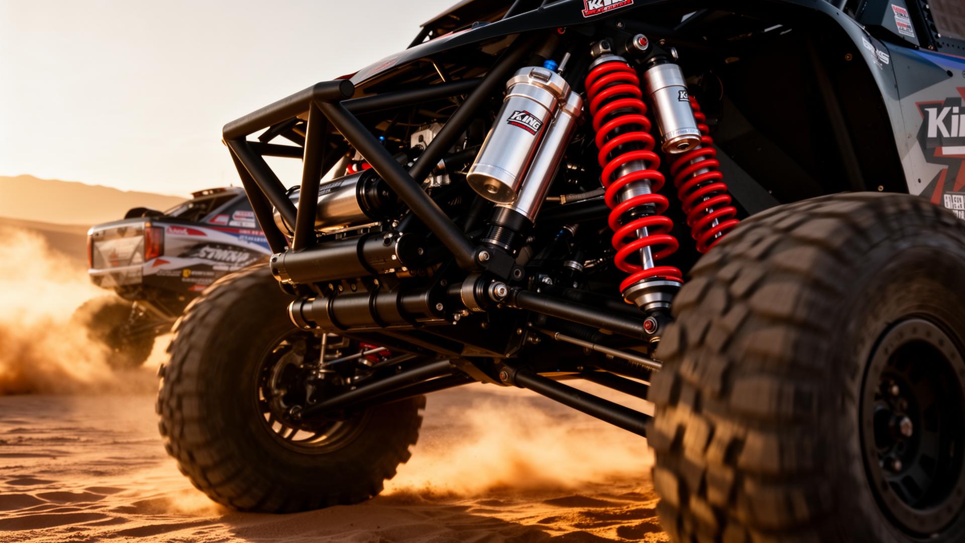 Massive set of red coilover spring shocks on a desert trophy truck