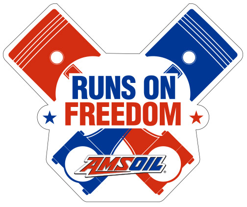 AMSOIL Runs on Freedom decal — crossed pistons with the AMSOIL logo